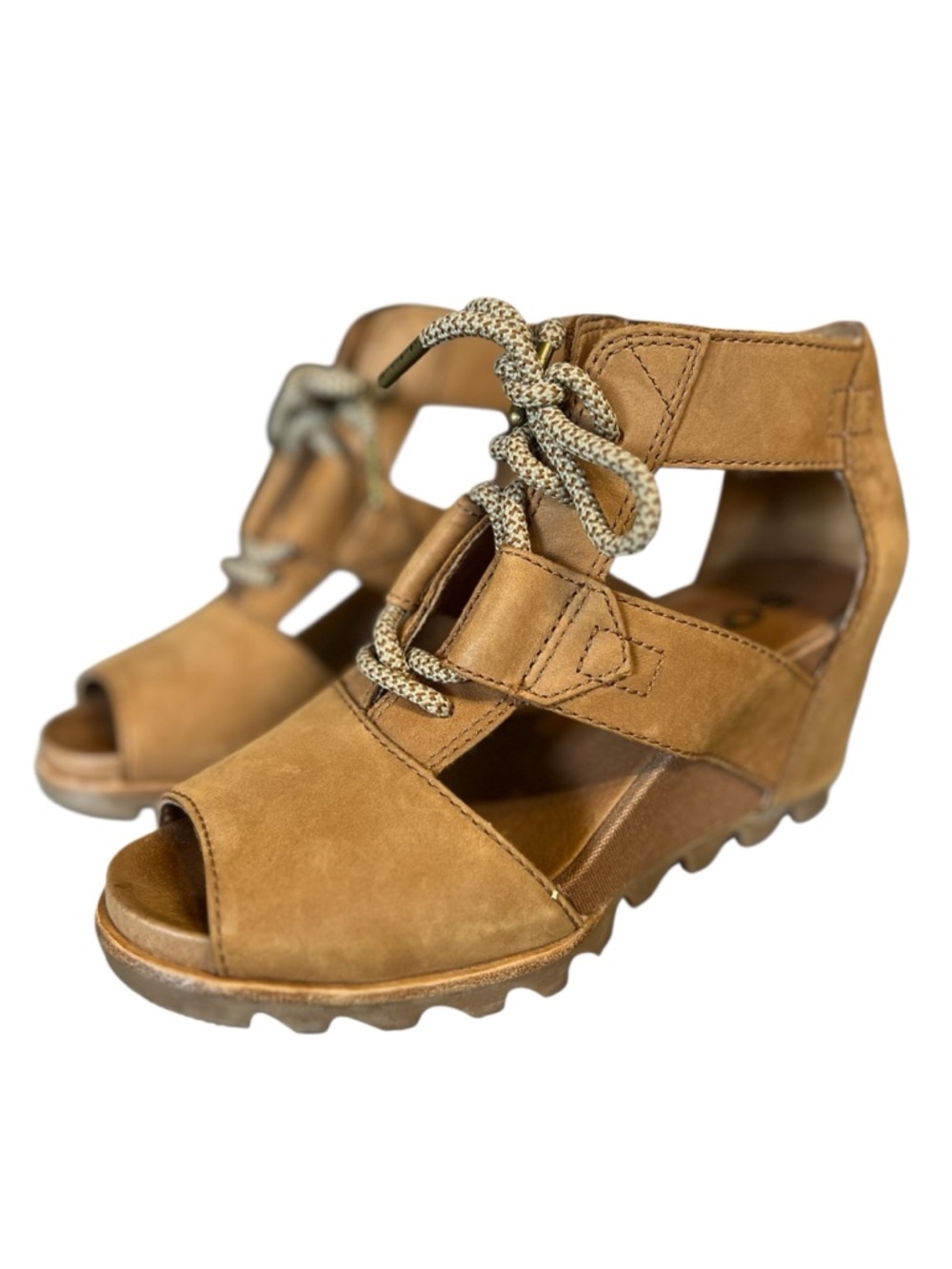 Sorel Women’s Sz 7 Tan Leather Sandals Joanie Lace Up Wedge Cut Out